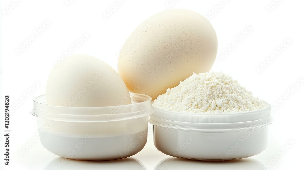 Poster Eggs and flour in white containers on a reflective surface with Copy Space for text. Bright lighting emphasizing texture and details.