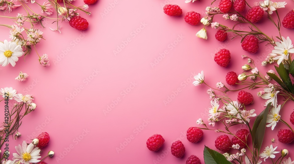 Poster raspberry and flower arrangement on pink background with copy space for text placement
