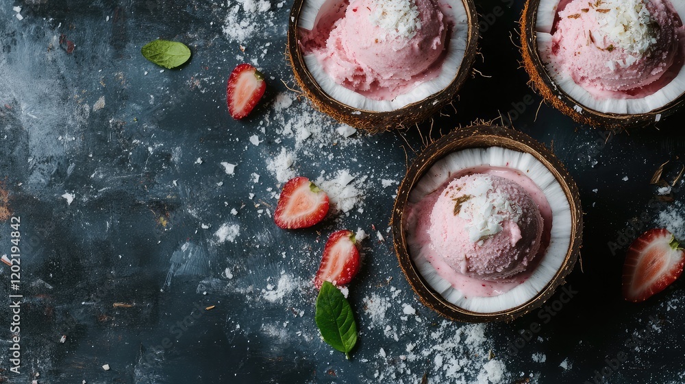 Poster pink coconut ice cream scoops in coconut shells with fresh strawberries and mint leaves on a texture