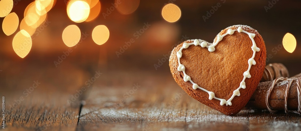 Poster gingerbread heart cookie with icing on wooden surface with blurred warm lights in background copy sp