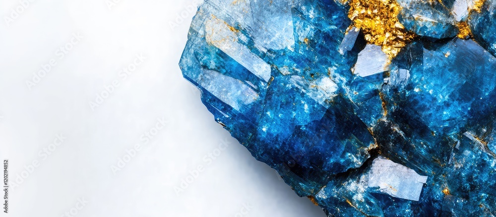 Aufkleber Blue mineral crystals with golden flecks on a white background featuring ample copy space for text placement.