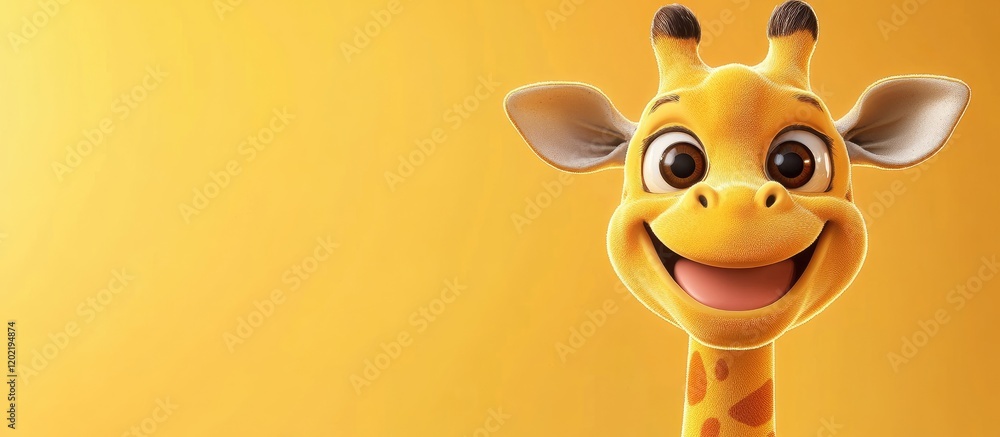 Poster cartoon giraffe character with a cheerful expression on a bright yellow background with copy space f