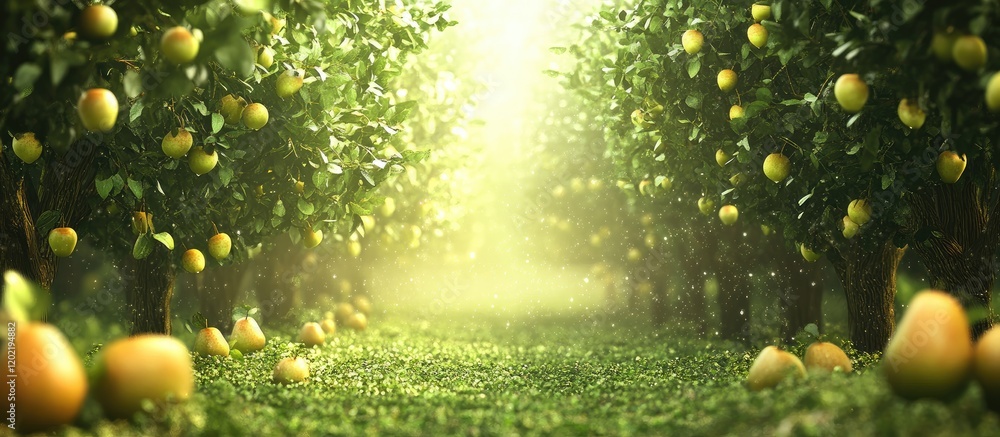 Aufkleber lemon orchard with ripe fruits on trees and grassy path illuminated by soft light copy space