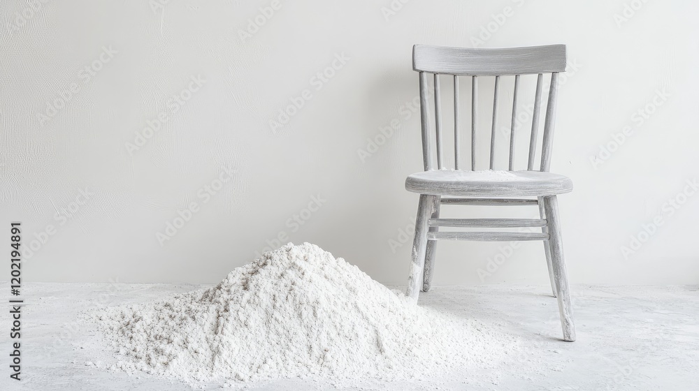 Poster white chair beside a pile of white flour on a light background with ample copy space for text placem