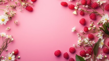 Raspberry and flower arrangement on pink background with Copy Space for text placement
