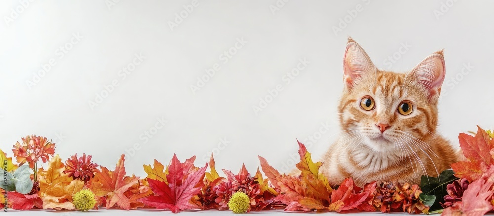 Poster orange tabby cat surrounded by autumn leaves with copy space for text placement.