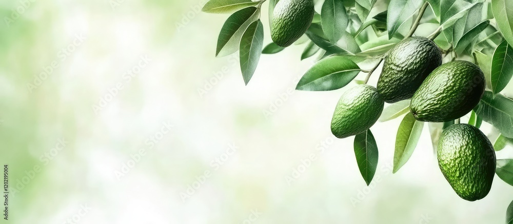 Aufkleber avocado tree with ripe green avocados hanging from the branches on a blurred light background copy s