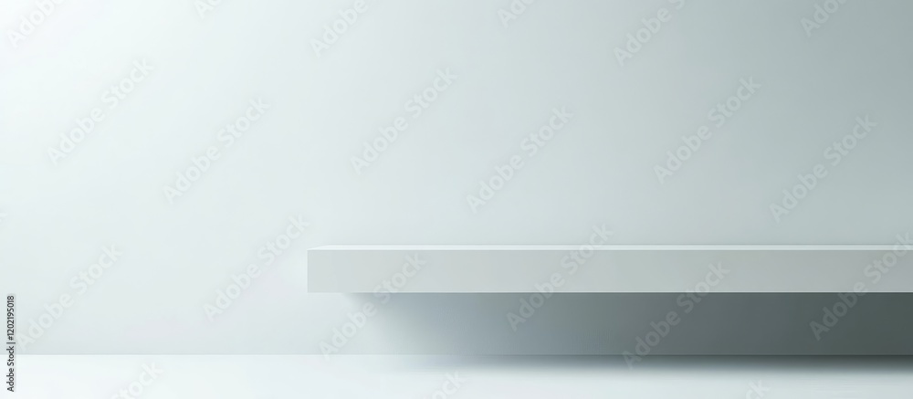 Poster minimalist white shelf against a light gray wall with ample copy space for text or graphics