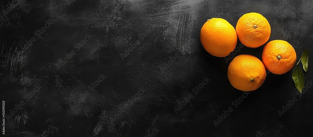 Poster Fresh ripe oranges on a dark textured surface with copy space for text