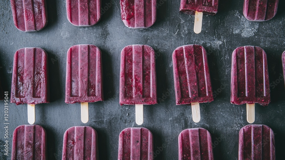 Aufkleber Frozen berry popsicles arranged in a grid pattern on a dark surface with copy space for text placement.