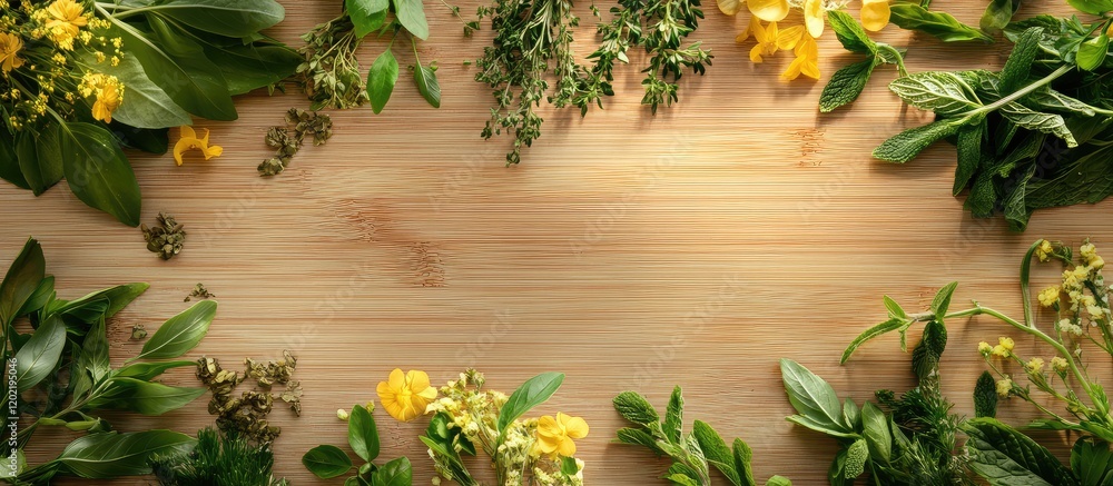 Poster fresh herbs and flowers arranged around a wooden surface with copy space for text, top view composit