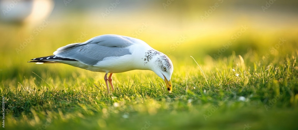 Aufkleber seagull foraging on green grass during golden hour with soft background light and copy space