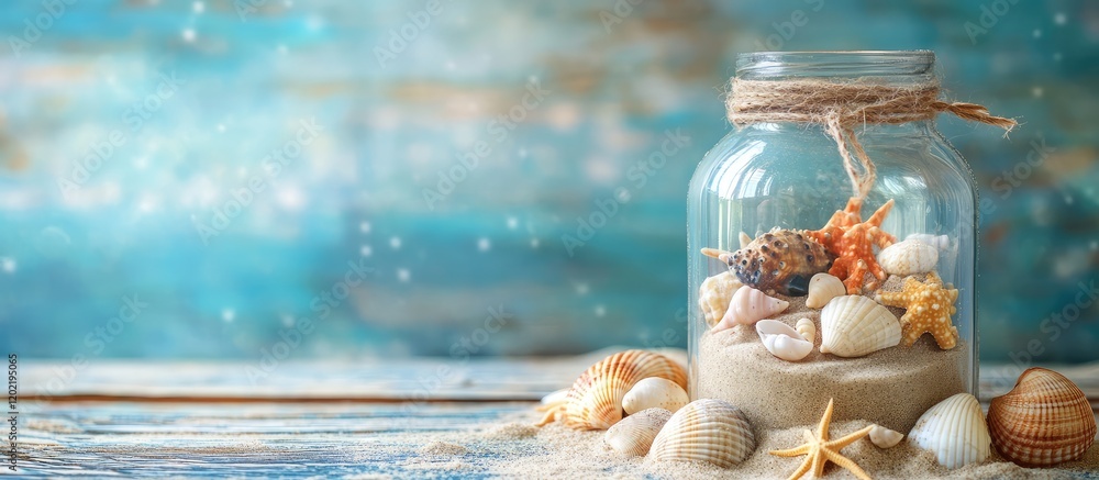 Poster jar of seashells and sand on beach with blurred blue background and copy space for text. coastal hom