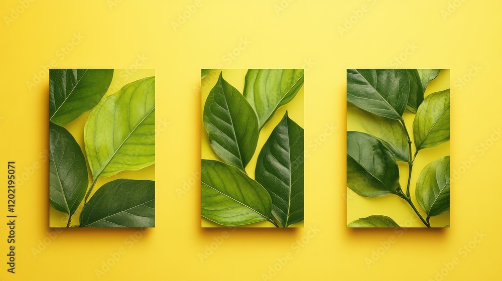 Poster green leaf compositions on a vibrant yellow background with copy space for text placement.