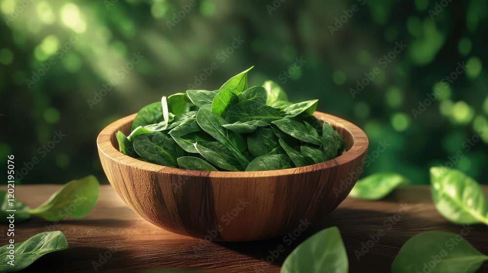 Poster fresh green spinach leaves in a wooden bowl on a rustic table with blurred greenery background and c
