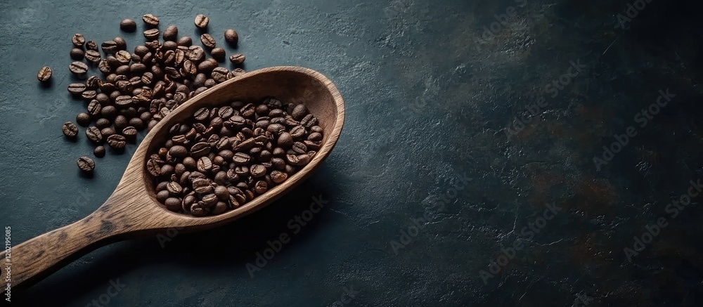 Poster Coffee beans in wooden spoon on dark textured background with copy space for text or design elements