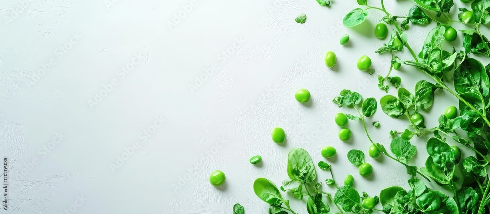 Poster fresh green herbs and leaves arranged on a white background with copy space for text or graphics