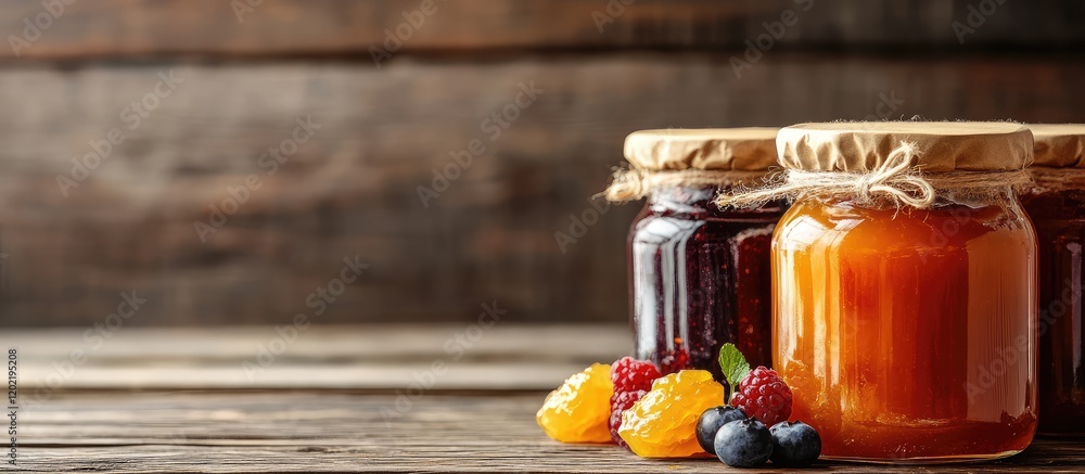 Poster Assorted fruit jams in glass jars with wooden lids on rustic wooden table with fresh berries and copy space for text
