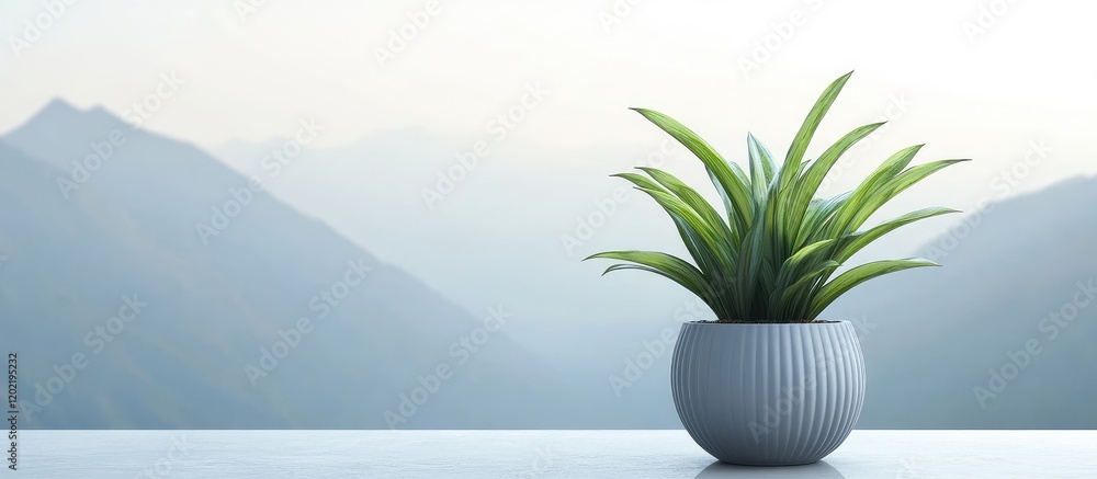 Aufkleber modern indoor plant in a decorative pot with mountain landscape in soft focus background and ample c