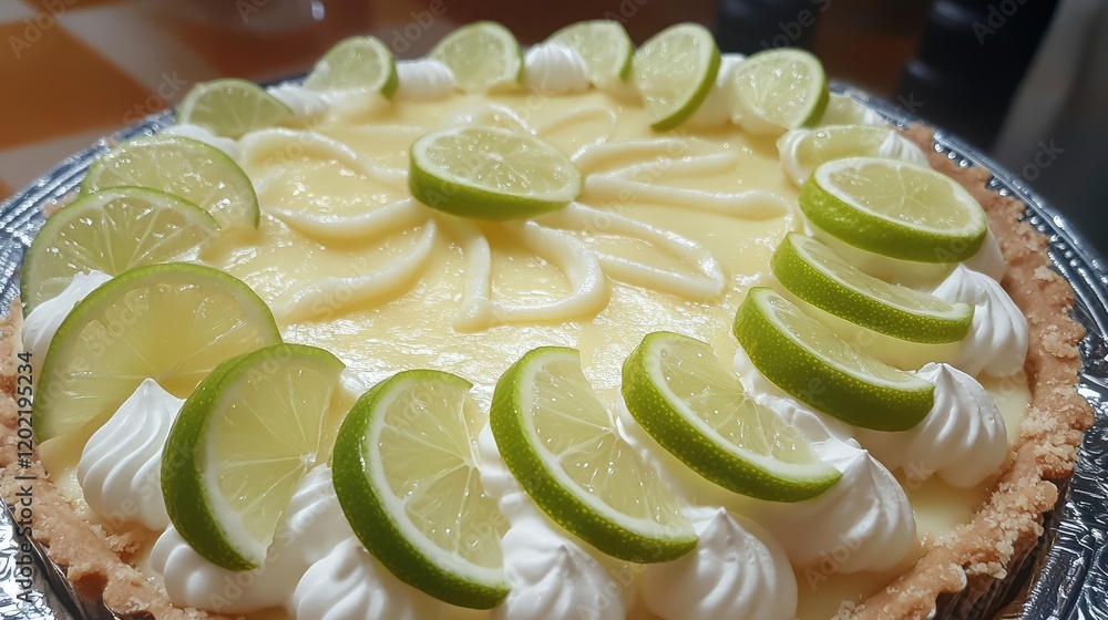 Poster lime pie decorated with lime slices and whipped cream on a silver platter with blurred background co