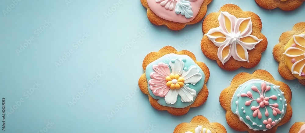 Aufkleber Decorative iced cookies on light blue background with copy space for text and branding