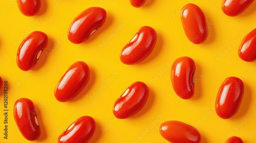 Aufkleber red kidney beans scattered on vibrant yellow background with ample copy space for text placement.