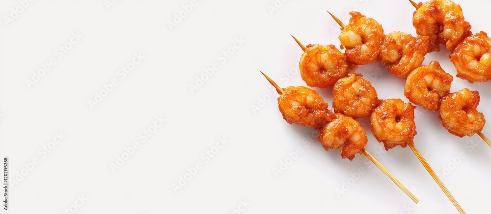 Poster Grilled shrimp skewers on wooden sticks with copy space for text and branding