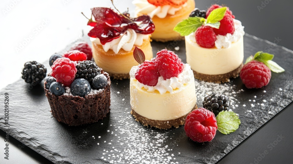 Poster Assorted mini cheesecakes with fruits and berries on a slate platter with copy space for text