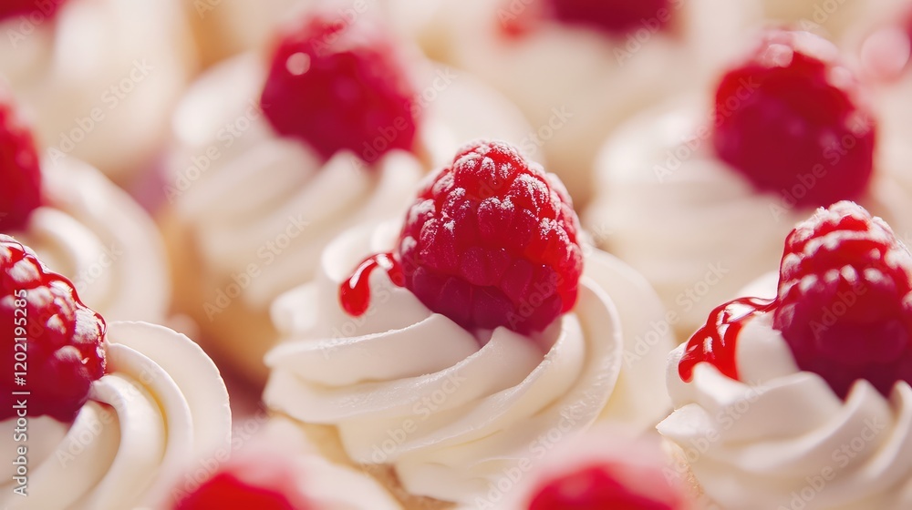 Aufkleber cupcakes with swirls of cream and fresh raspberries on top arranged closely with copy space for text