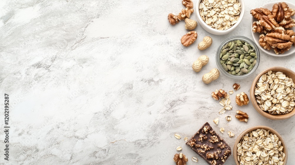 Poster variety of nuts seeds and granola on marble surface with copy space for text placement