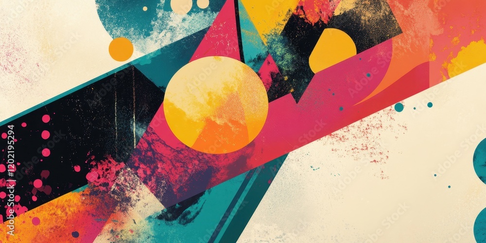Poster bold and vibrant colors form dynamic shapes in this abstract artwork, creating an energetic visual e