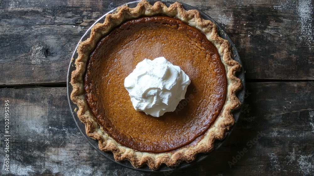 Poster pumpkin pie with whipped cream topping on rustic wooden table copy space