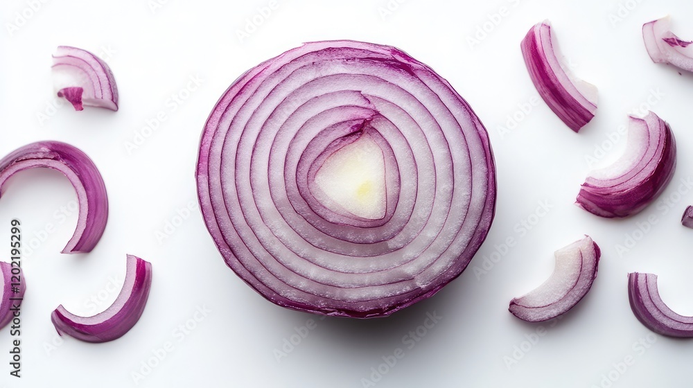 Poster sliced red onion with concentric rings and scattered onion pieces on a white background with copy sp