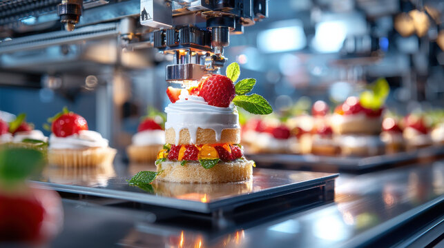 Delicate 3D food printer creating intricate desserts with strawberries and mint. vibrant colors and detailed design showcase modern culinary technology and creativity