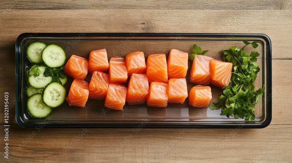 Aufkleber fresh salmon cubes with cucumber slices and cilantro arranged on a black platter on a wooden surface