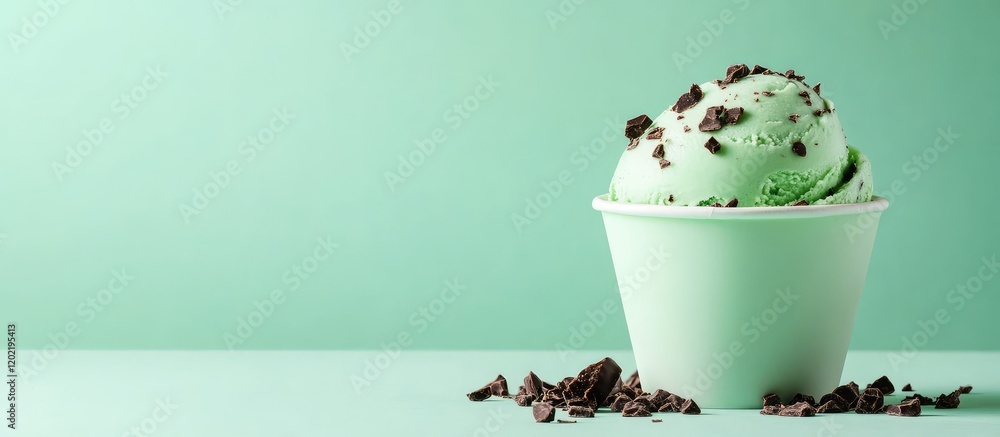 Poster mint chocolate chip ice cream in a cup on a mint green background with chocolate flakes and copy spa