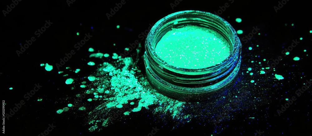Poster Fluorescent green pigment powder in a transparent jar on a black background with scattered particles and copy space for text