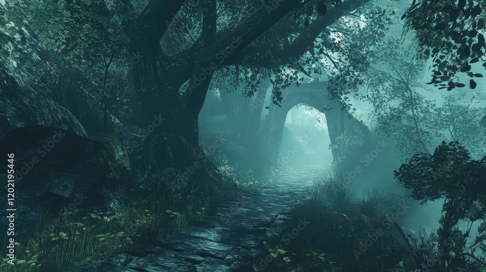 Poster misty forest path leading to an archway surrounded by dense trees and foliage with soft lighting and