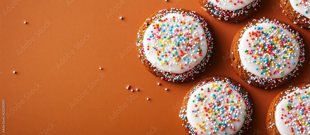 Poster colorful frosted cookies with sprinkles on a brown background with copy space for text usage