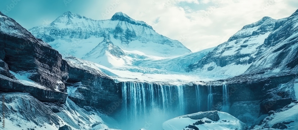 Poster majestic ice-capped mountains with waterfall flowing into frozen lake under cloudy sky copy space