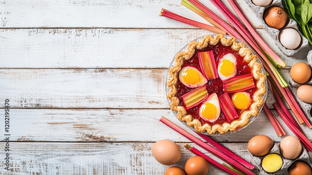 Poster rhubarb pie with egg yolks surrounded by fresh rhubarb and brown eggs on a rustic wooden table with 