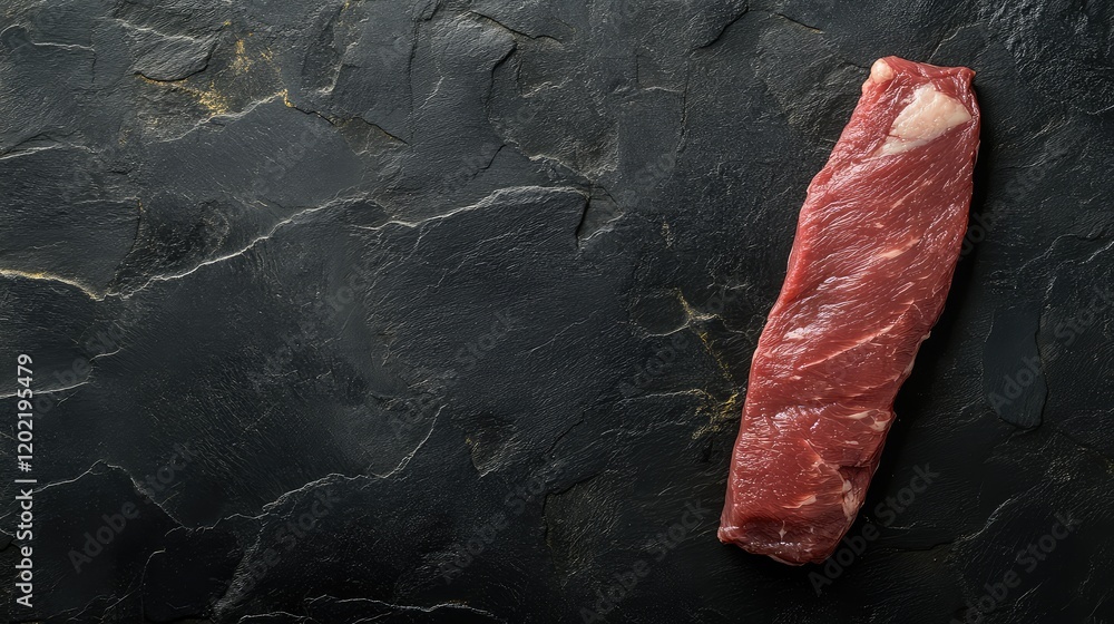 Poster raw beef steak on a dark textured background with copy space for text or design elements
