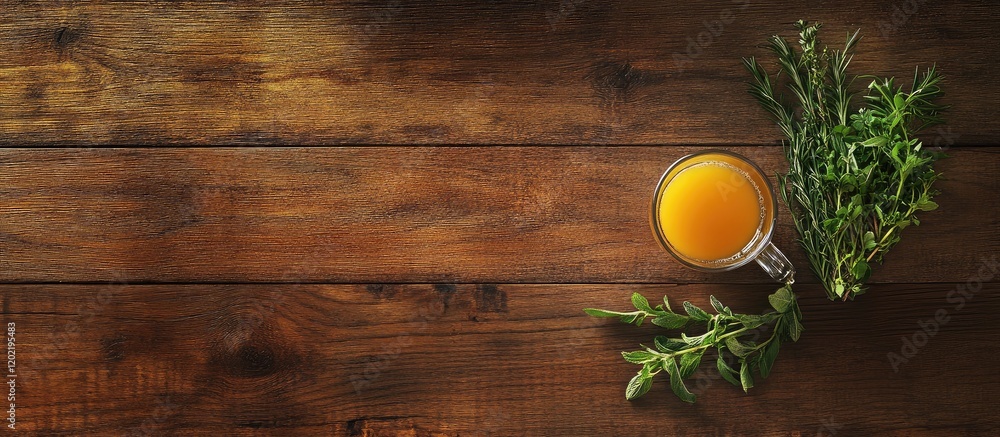 Poster glass of orange beverage with fresh herbs on rustic wooden table with ample copy space