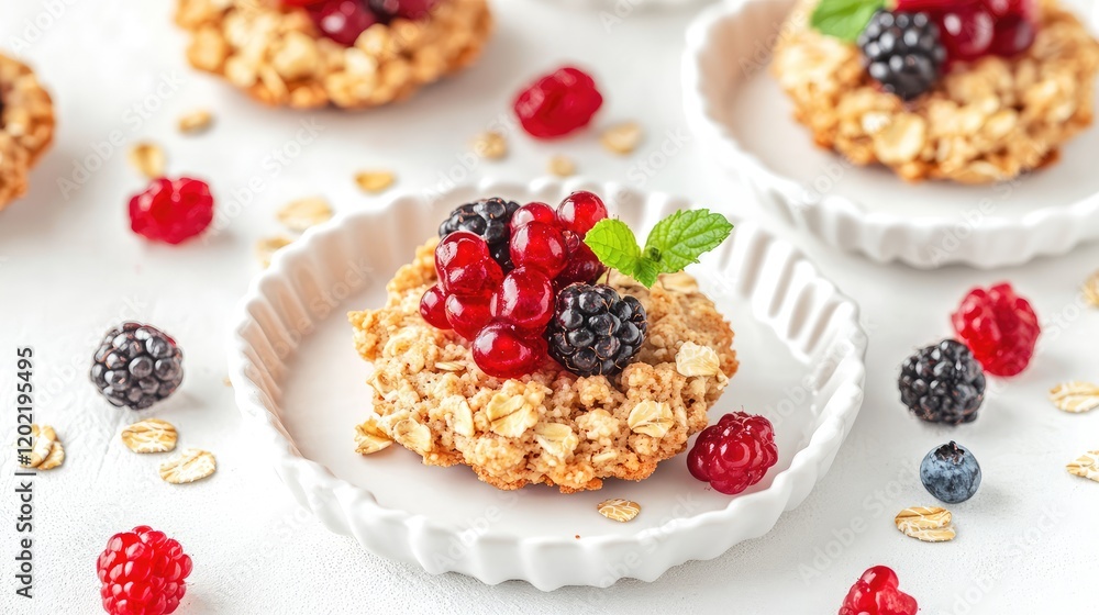 Poster freshly baked oatmeal cookies topped with assorted berries and mint leaves served on white plates wi
