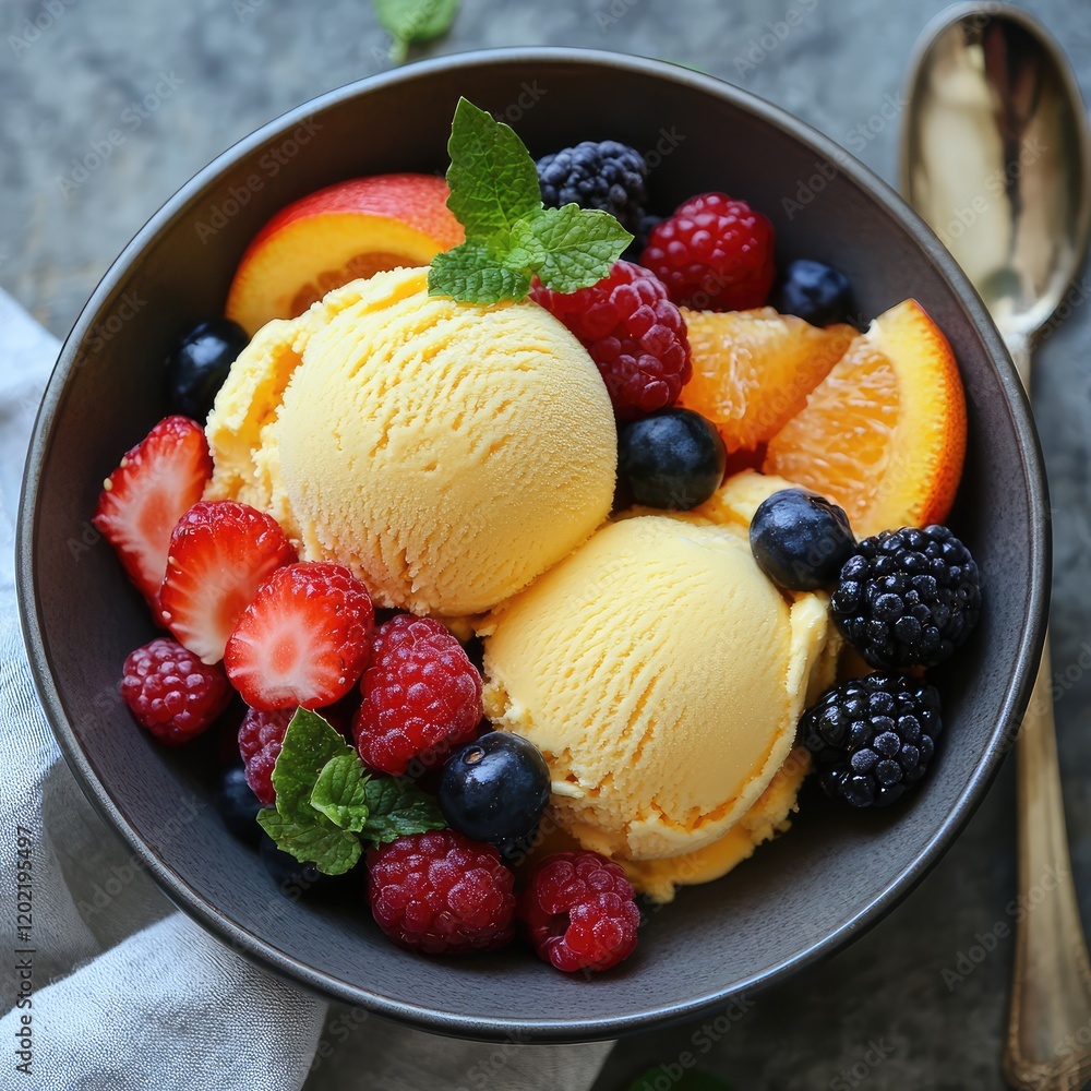 Aufkleber bowl of vanilla ice cream garnished with fresh mixed berries and orange slices on textured backgroun