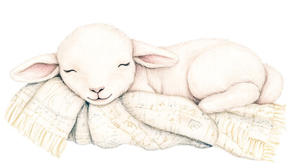 Adorable gentle lamb snuggled up with a cozy blanket, watercolor-style clip art, vector illustration, flat white background, perfect for nursery decor, baby shower themes, and children's designs