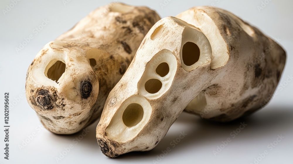 Poster organic abstract shapes of hollow root vegetables on a light background with copy space for text pla