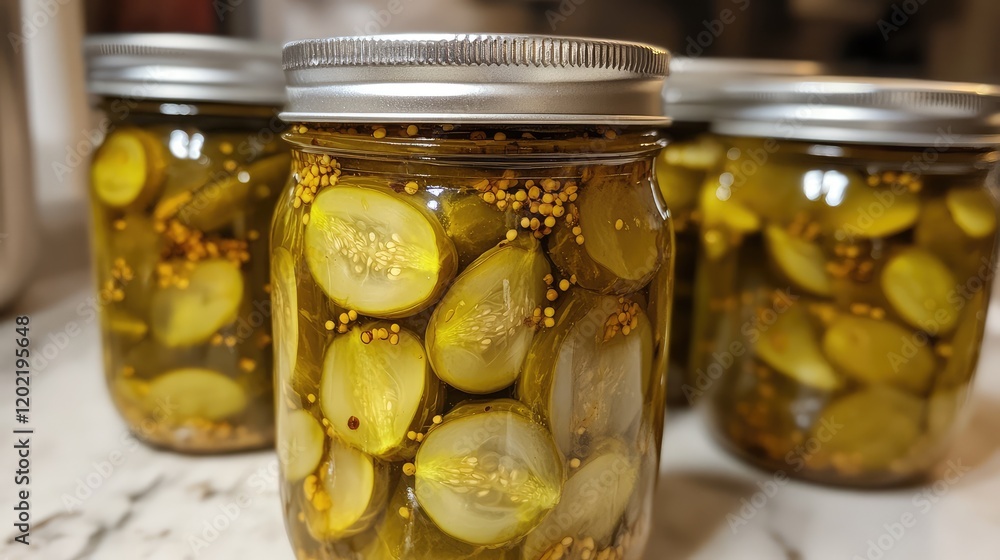 Poster Jars of homemade pickles with mustard seeds on marble countertop with Copy Space for text placement