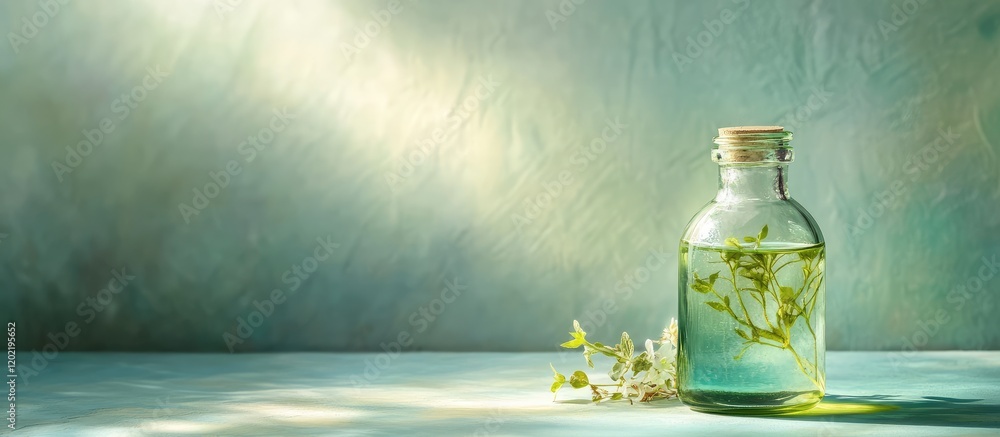 Poster glass bottle with green herbal oil on a textured background with natural light and copy space for te