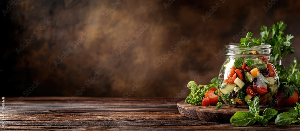 Poster Fresh vegetable salad in a glass jar on a rustic wooden table with Copy Space for text on dark textured background